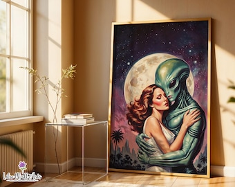 May include: A framed vertical wall art print featuring a romantic embrace between a human with long wavy brown hair in a white dress and a green extraterrestrial being, set against a large full moon and a starry purple night sky.