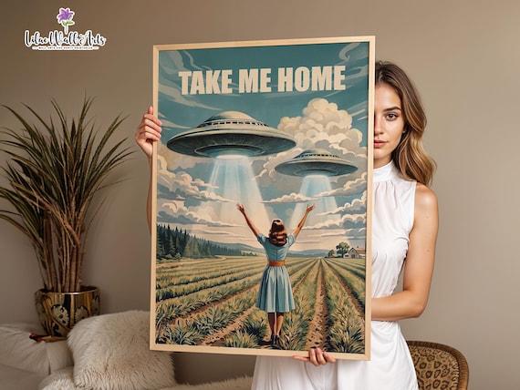 Flying Saucer Art: Vintage Scifi Poster, Alien Decor (digital