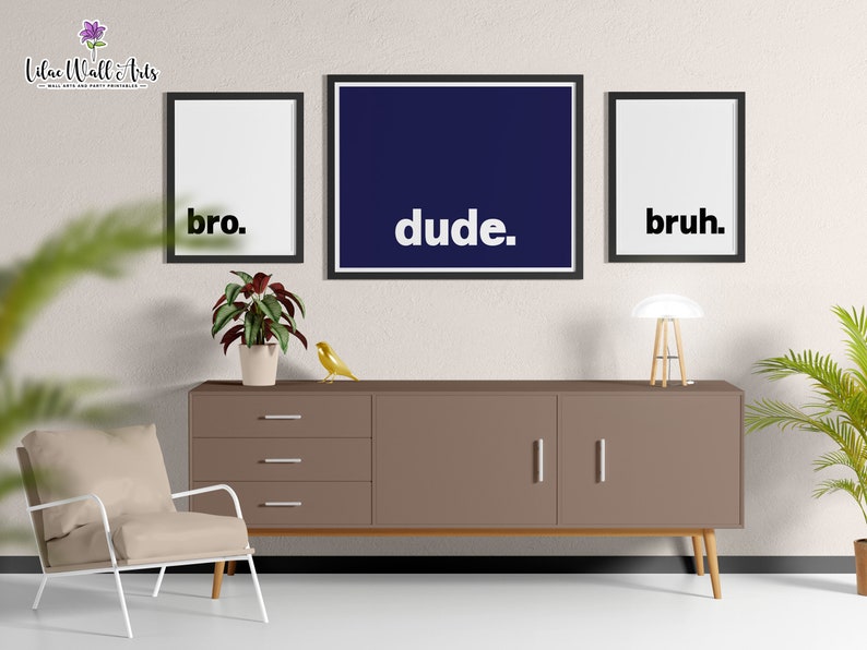 May include: Three framed prints with the words "bro", "dude", and "bruh" in black text on a white background. The prints are hanging on a beige wall above a brown dresser with three drawers and two doors. A small potted plant sits on the dresser, and a lamp is on the right side of the dresser.