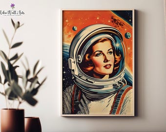 Retro Female Astronaut Print: Surreal Art, Outer Space Art (Digital Download)