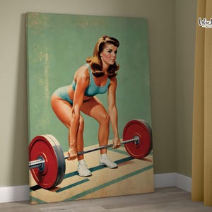 May include: A vintage-style illustration of a woman in a blue and white swimsuit lifting a barbell. The background is a faded green color with a textured look.