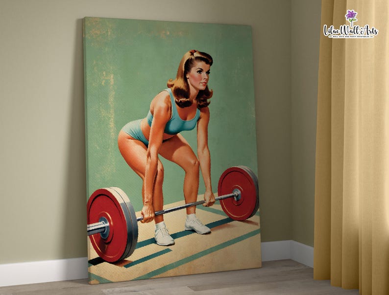 May include: A vintage-style illustration of a woman in a blue and white swimsuit lifting a barbell. The background is a faded green color with a textured look.