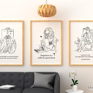 K&ouml;nnte beinhalten: Drei Schwarzwei&szlig;illustrationen von Frauen, die B&uuml;cher lesen. Die erste Illustration zeigt den Text "Ihre Seele geh&ouml;rt den Worten und B&uuml;chern. Jedes Mal, wenn sie liest, ist sie zu Hause." Die zweite Illustration zeigt den Text "Gl&uuml;ck ist ein Kaffee und ein gutes Buch." Die dritte Illustration zeigt den Text "Literatur ist die angenehmste Art, das Leben zu ignorieren. -Fernando Pessoa"