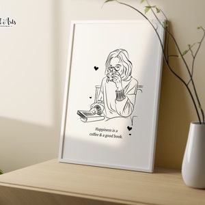 K&ouml;nnte beinhalten: Schwarz-wei&szlig;-Linienkunst-Illustration einer Person, die sitzt und ein Buch liest, w&auml;hrend sie eine Tasse Kaffee h&auml;lt. Der Text "Happiness is a coffee & a good book." befindet sich unter der Illustration.