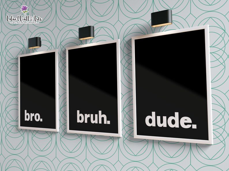 May include: Three black framed prints with white text on a white wall with a teal geometric pattern. The prints read "bro", "bruh", and "dude".