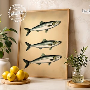 Stampa di pittura a olio di pesce tre Stampa di pesce Stampa di latta di sardine Stampa artistica di frutti di mare Stampa di pesce in scatola Poster di pesce Poster di cibo retrò Poster di frutti di mare