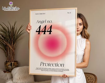 May include: A rectangular framed wall art print featuring the text Aura Collection, No. 4, Angel no. 444, and Protection. The design includes a central pink and red gradient aura circle on a white background with descriptive text below.