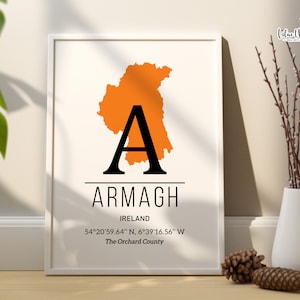 Armagh Karte, irische Kunst, irische Drucke, irische Landschaft, Irland Druck, Karte von Irland Kunstreise irische Grafschaften Irland Wandkunst Kunst