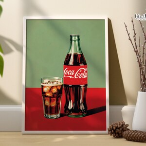 May include: A vintage-style illustration of a glass of Coca-Cola with ice and a bottle of Coca-Cola. The glass and bottle are on a red surface with a green background.