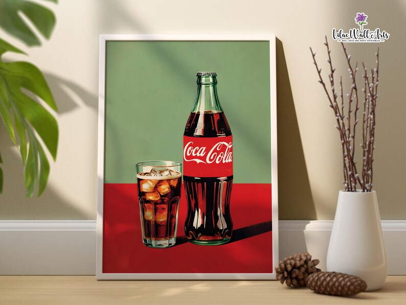 May include: A vintage-style illustration of a glass of Coca-Cola with ice and a bottle of Coca-Cola. The glass and bottle are on a red surface with a green background.
