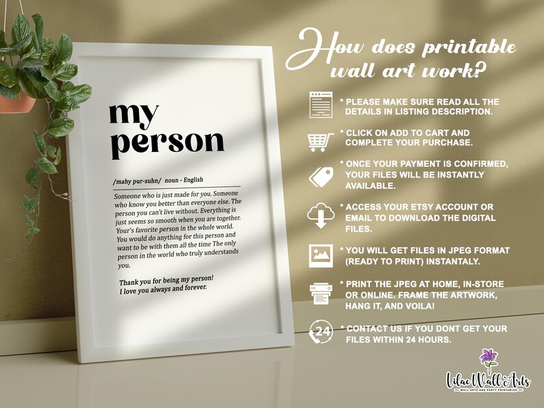 May include: Printable wall art with the text "my person" and a definition of the word. The text is in black on a white background. The image also includes instructions on how to download and print the digital files.