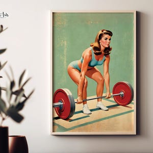 Póster de gimnasio retro, culturismo femenino, póster estilo años 70, arte motivacional para el gimnasio, regalos para chicas del gimnasio, decoración de gimnasio en casa, sala de entrenamiento, regalo de levantamiento de pesas.