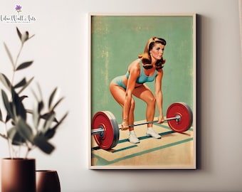Retro vrouwelijke bodybuildingprint: jaren 70 sportschool motivatie kunst, home gym decor gewichtheffen (digitaal)