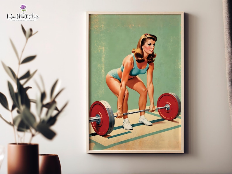 May include: A vintage style illustration of a woman lifting a barbell. She is wearing a blue and white swimsuit and is lifting the barbell with her arms extended. The background is a light green color.