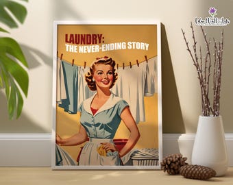 Retro Laundry print: Happy Housewife Art, Funny laundry sign (Digital Download)