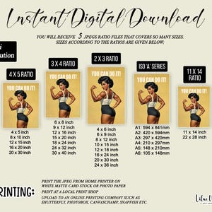 May include: An instant digital download listing featuring five variations of a poster with the text YOU CAN DO IT! showing a person flexing their arm. The image displays various aspect ratios including 4x5, 3x4, 2x3, ISO A series, and 11x14, with listed inch dimensions.