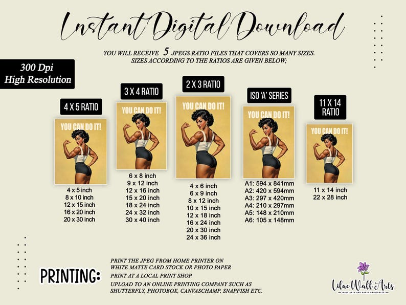 May include: An instant digital download listing featuring five variations of a poster with the text YOU CAN DO IT! showing a person flexing their arm. The image displays various aspect ratios including 4x5, 3x4, 2x3, ISO A series, and 11x14, with listed inch dimensions.