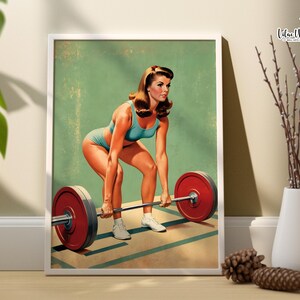 May include: A vintage-style poster featuring a woman in a blue and white swimsuit lifting a barbell. The background is a light green color.