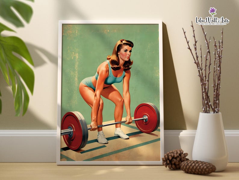 May include: A vintage-style poster featuring a woman in a blue and white swimsuit lifting a barbell. The background is a light green color.