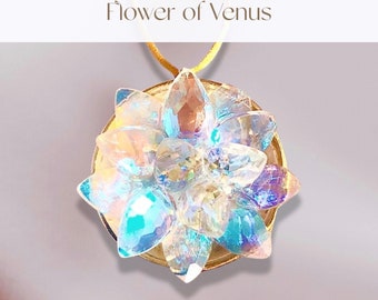 Orgonite protection necklace, 5G EMF, Quartz Crystal with 18k Gold Venus sacred geometry rainbow maker flower pentagram crystal pendant