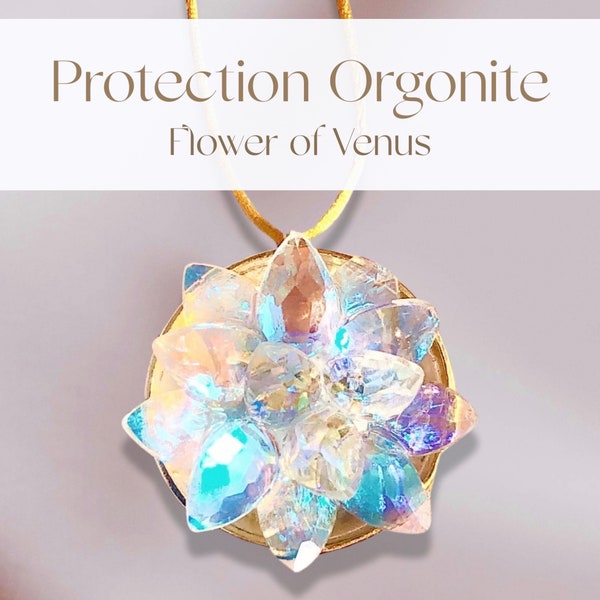 Orgonite protection necklace, 5G EMF, Quartz Crystal with 18k Gold Venus sacred geometry rainbow maker flower pentagram crystal pendant