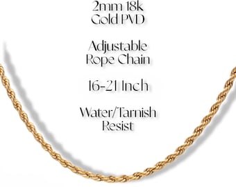 18k Gold Necklace  Rope Chain Adjustable Waterproof Tarnish Resistant