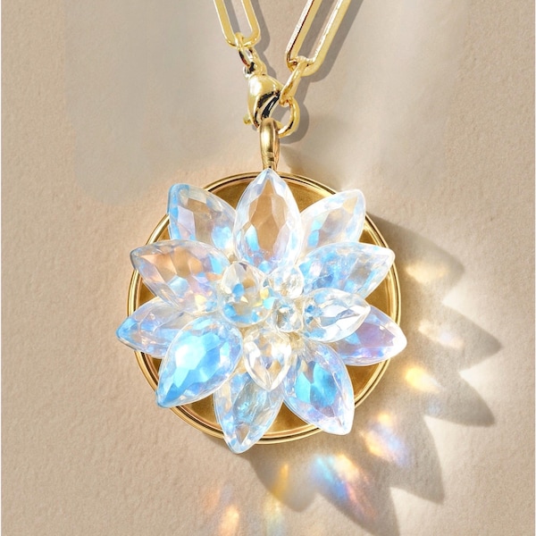 Orgonite Necklace: Quartz Crystal, 18k Gold Flower of Venus Pendant Silver Sacred Geometry