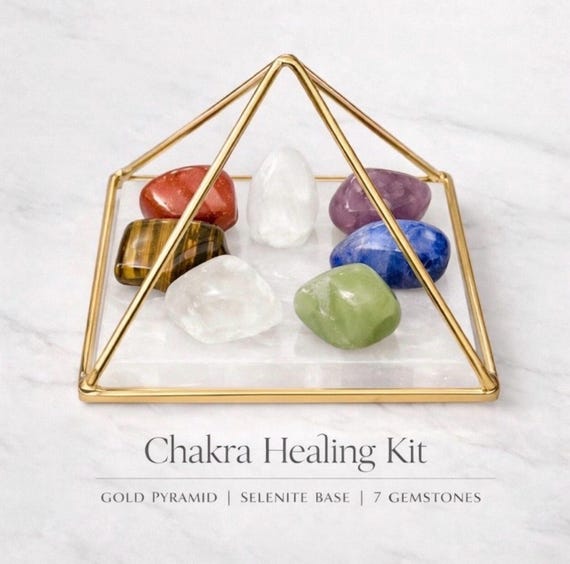 Chakra Healing Kit Gold Plated Copper Pyramid, self care gift & meditation tools