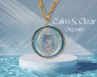 Powerful Celestine Orgonite Pendant: 18K Gold Throat Chakra Necklace