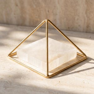 Puede incluir: Un marco de alambre met&aacute;lico de color dorado con forma de estructura piramidal. Dentro de la base de la pir&aacute;mide de alambre dorado se asienta una losa de piedra cuadrada, blanca y transl&uacute;cida, con una superficie lisa y aspecto cristalino.