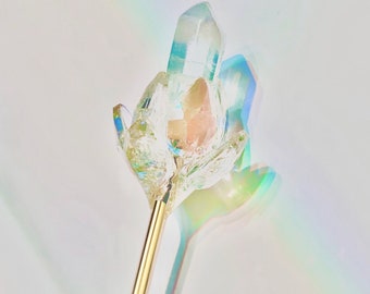 Rainbow maker Hair Stick, Aura Quartz Crystal, floral petal design, 14k Gold Plated or silver plated. Give the gift of making rainbows!