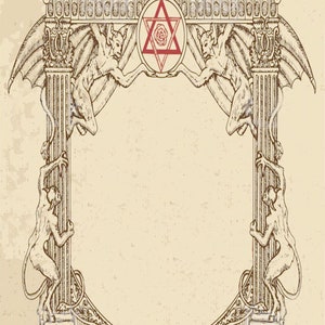 May include: A vintage illustration of a decorative frame with two winged figures holding a star with a rose inside. The frame is made of columns with ornate details and is set against a textured background.