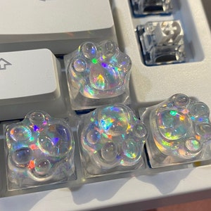 Holographic paper keycaps,Resin colorful cat paw keycap,Resin rainbow keycaps,Handmade cat paw keycap,Transparent keycaps