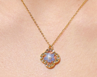 Forget Me Not Necklace, Clover Resin Necklace, Heart Shaped Botanical Jewelry, Gift for Her