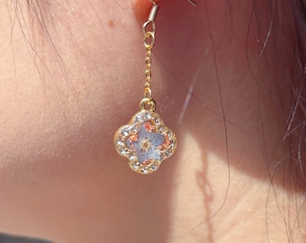 Forget Me Not Dangle Earrings Necklace, Clover Resin Flower Drop Earrings, Gift for Her