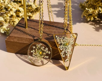 Senfkorn-Harz-Halskette: S925 Silber-Kette, echte Blume Anhänger