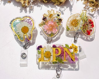 Real Pressed Flower Nursing Badge Reel: Retractable Alligator Clip