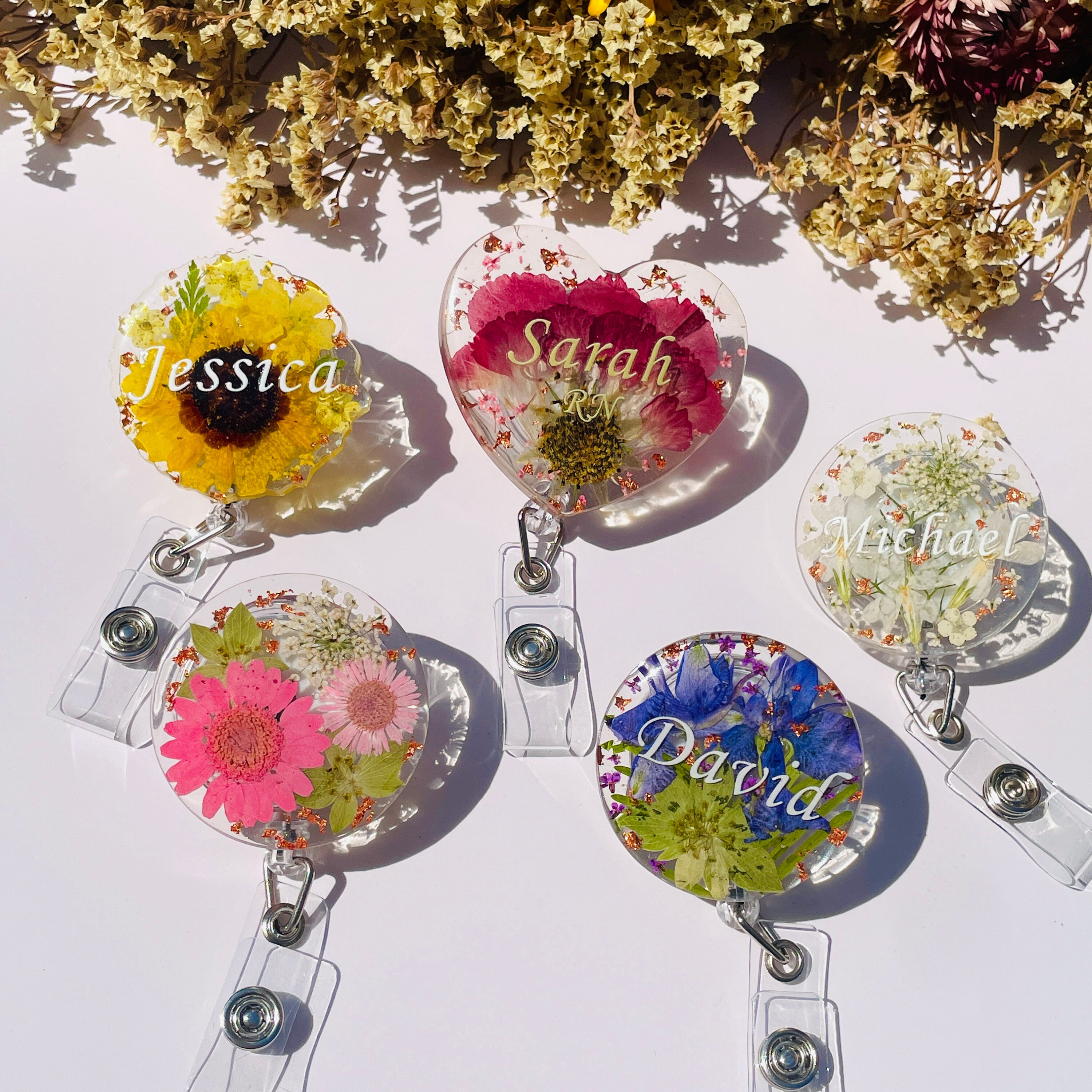 Custom Birth Flower Resin Badge Reel: Personalized Floral Badge Holder