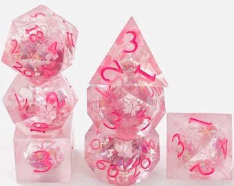 Cherry Blossom DnD Dice Set: Pink Sakura Liquid Core, Handmade Resin