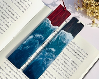 Ocean Wave Resin Bookmark: Handmade Wood Book Accessory