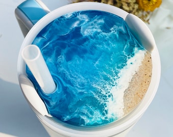 Ocean Wave Resin Stanley Plate: Sea Beach Topper, 40oz Cup