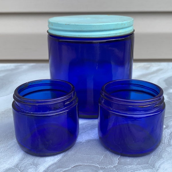 Very Nice Vintage Cobalt Blue Glass Noxzema Skin Cream Jars - 3 Total