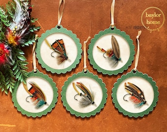 Set of 5 Handmade Salmon Fishing Flies Ornaments for Tree, Unique Rustic Country Ornaments for Christmas Tree, Fly Fishing Xmas Ornaments