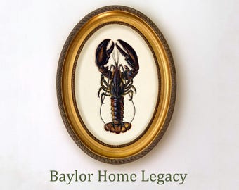 Framed Oval Lobster Canvas Print, Maine Lobster Painting in Oval Frame, Uncooked Lobster Print in Wood Frame