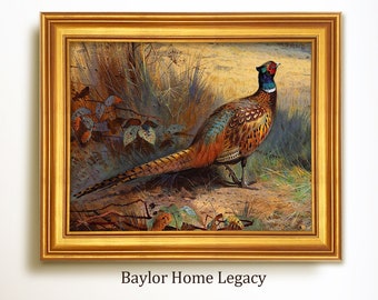 Framed Ring-Neck Pheasant in Landscape, Ringneck Pheasant Oil Painting Print on Canvas, Vintage Bird Print, Cabin Decor, Giclée Wall Art