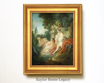 Framed Ladies Bathing Oil Painting Print on Canvas, Framed 18th Century French Lady Painting on Canvas, Classic French Landscape Art