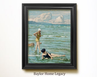 Framed Women in a Lake Oil Painting Print on Canvas, Ladies on the Lake Shore Canvas Print, Ladies in 1930's Bathing Suits Wading
