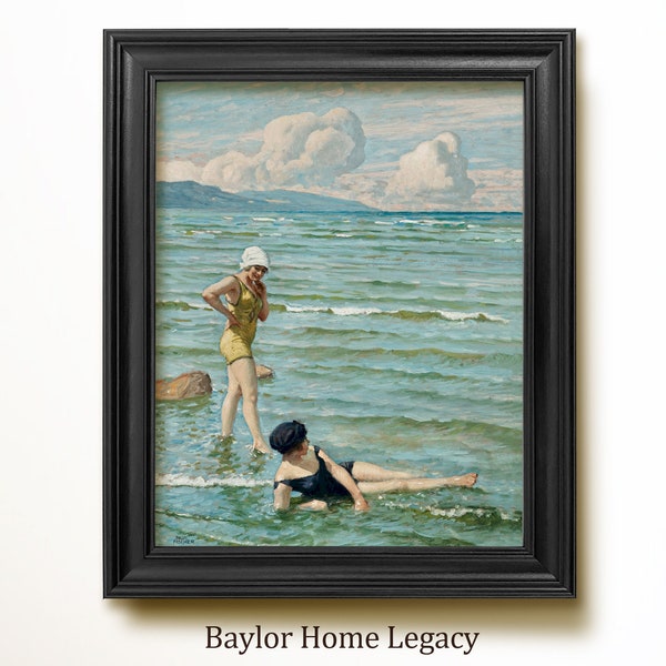 Framed Women in a Lake Oil Painting Print on Canvas, Ladies on the Lake Shore Canvas Print, Ladies in 1930's Bathing Suits Wading