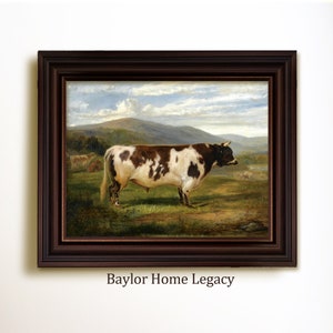 Bull Oil Painting Canvas Print, Framed or Unframed Bull in a Meadow Canvas Art Print of Antique Oil Painting, Framed Cow Art