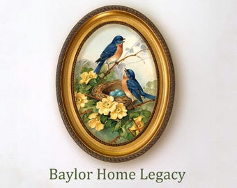 Lienzo con marco ovalado de pájaro azul, reproducción de pintura al óleo antigua, cuadro de pájaro azul en marco ovalado, lámina de arte de vida silvestre.